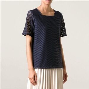 Tory Burch Square Neck Navy Relaxed Fit Laser cut Eyelet Short Sleeve Top XS